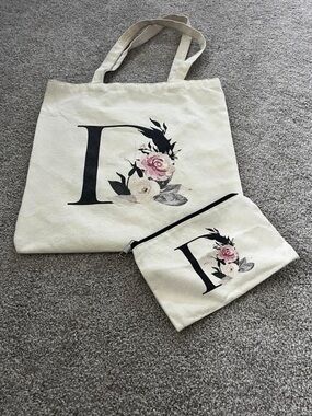 Initial D Floral Canvas Tote and Pouch Set - Cream with Pink Floral Accent